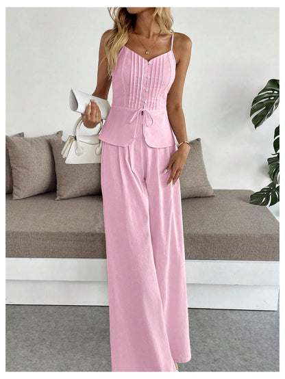 SOLY HUX Women's 2 Piece Summer Outfit Button Down Peplum Cami Top and Wide Leg Pants Set