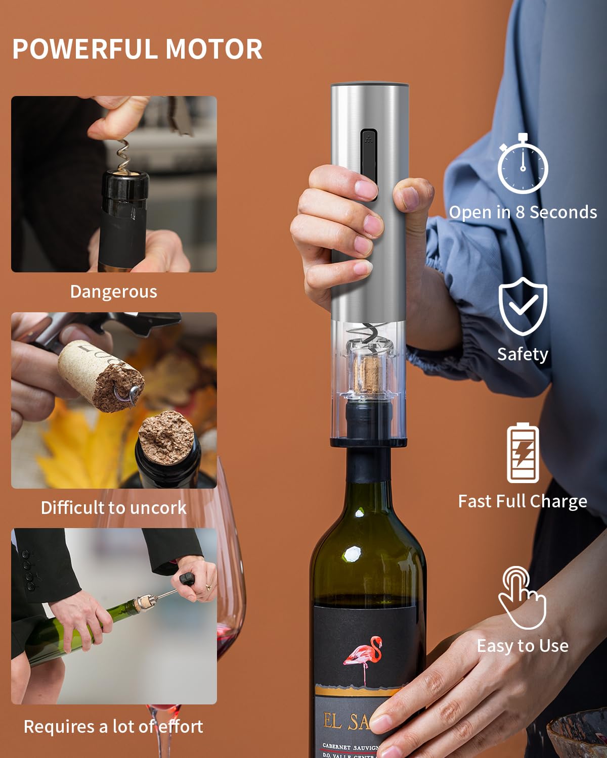 CIRCLE JOY Electric Wine Opener Rechargeable 5-in-1 Stainless Steel Wine Gift Set with Foil Cutter, Wine Aerator Pourer, Wine Drip Ring & Vacuum Stopper, Ideal Gifts for Wine Lovers, Silver