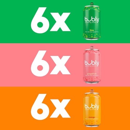 bubly Sparkling Water, 6 Flavor Variety Pack (Blackberry, Lime, Cherry, Grapefruit, Strawberry, Mango), Zero Sugar & Zero Calories, Seltzer Water, 12 Fl Oz Cans (Pack of 18)