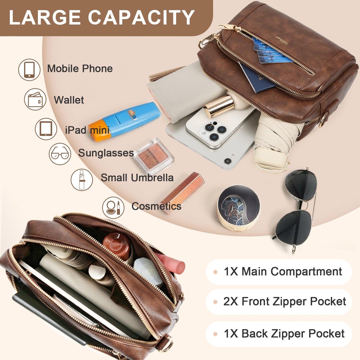 Small Leather Crossbody Bags for Women Anti theft Purses and Handbag Shoulder Hangbag with Wide Strap Tassel