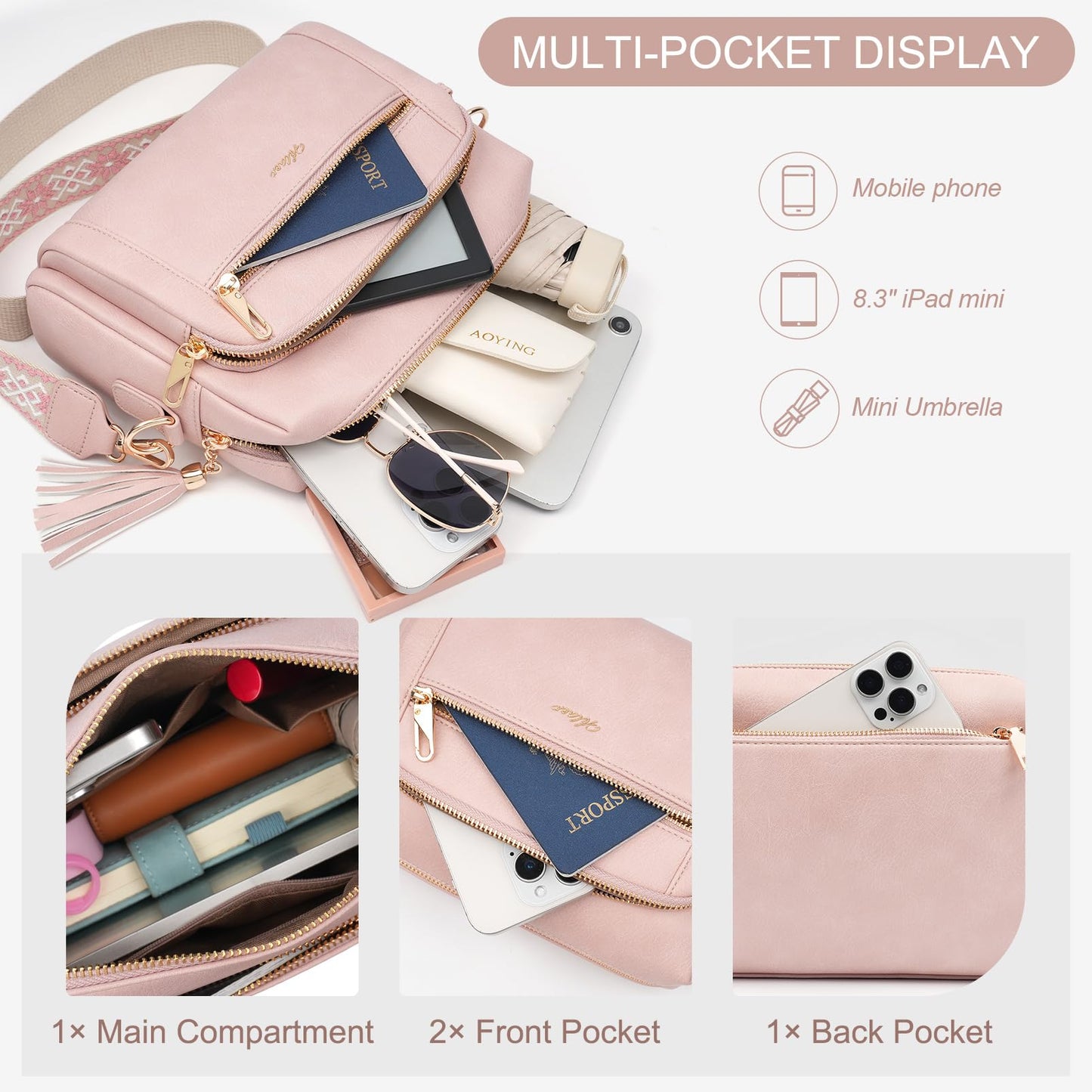 Small Leather Crossbody Bags for Women Anti theft Purses and Handbag Shoulder Hangbag with Wide Strap Tassel