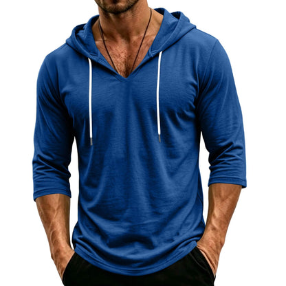Mens Hooded 3/4 Sleeve Pullover Relaxed Fit Casual Lightweight Comfort Top