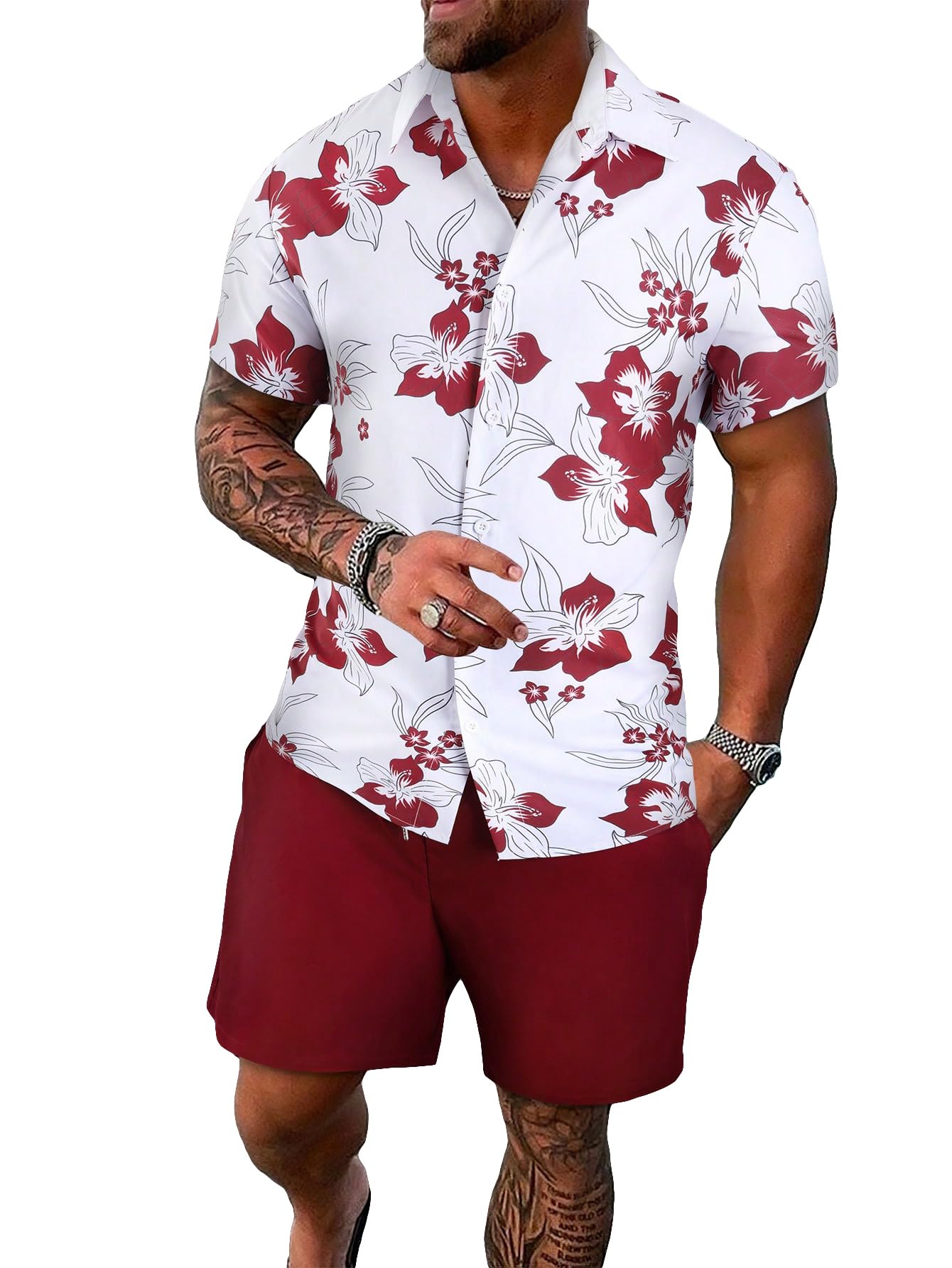GORGLITTER Men's Vacation Beach Cruise Summer Outfits 2 Piece Shorts Set Hawaiian Button Down Shirt and Shorts