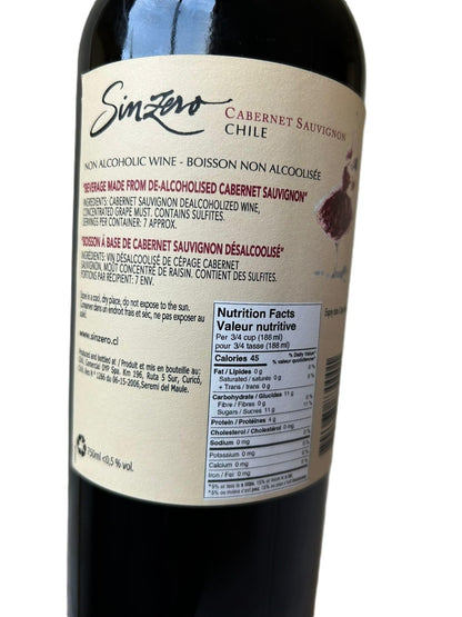 SINZERO - Cabernet Sauvignon - 750 ml 6 Pack - Non-alcoholic red wine - Aged in French oak for smooth rich flavor - Low calories, vegan friendly - Made in Chile