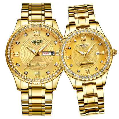 NIBOSI Watches for Couples Diamond Luxury Men and Women His and Hers Pair Watch Set Husband Wife Valentines Matching Wrist Watch Wedding Gifts Day Date Waterproof Quartz Analog