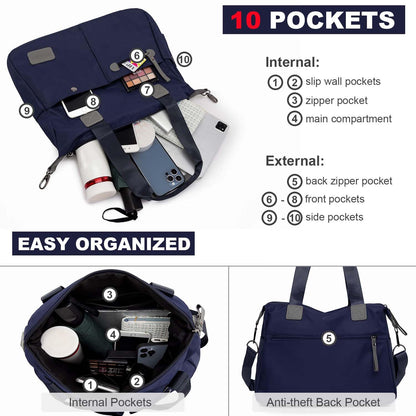 Tote Bag for Women,Multi Pockets Shoulder Handbag,Nurse Bag for Work,Large Cross body Purse,Fashion Nylon Top Handle Satchel