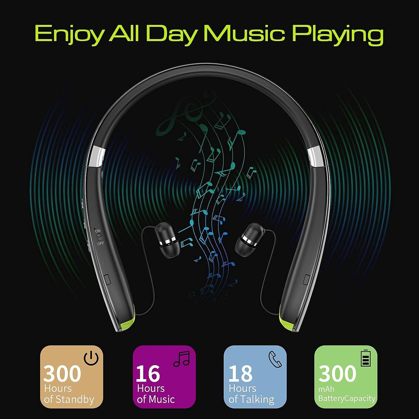 Bluetooth Headset, 2026 Upgraded Neckband Bluetooth Headphones with Retractable Earbuds, Noise Cancelling Stereo Earphones with Mic, Foldable Wireless Headphones for Sports Office w/Carry Case(Black)