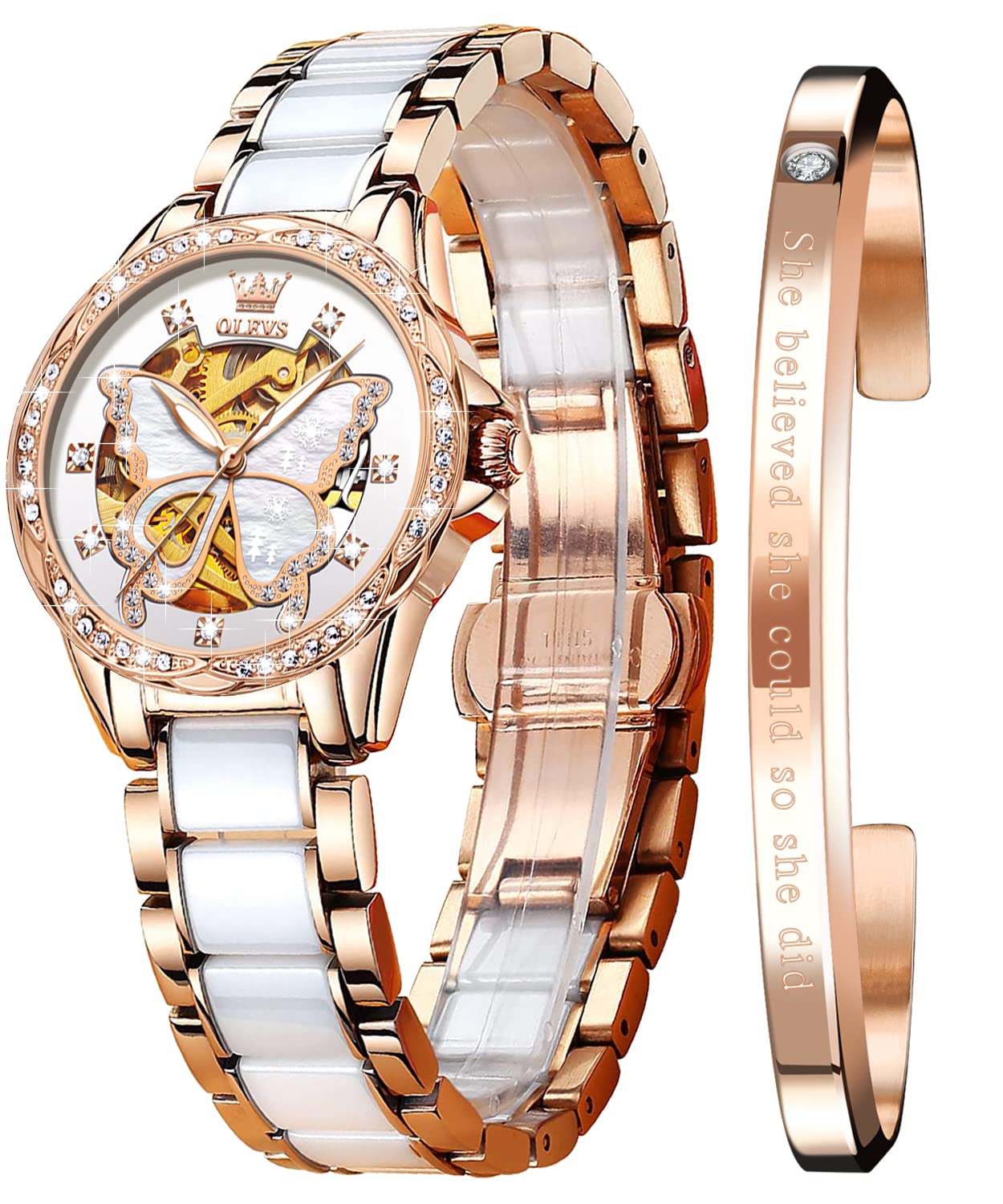 OLEVS Automatic Watches for Women Rose Gold Fashion Diamond Dress Ladies Wrist Watch Self Winding Mechanical Two Tone Ceramic Band Waterproof