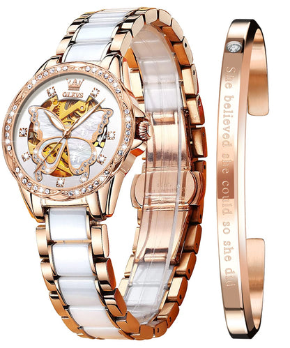 OLEVS Automatic Watches for Women Rose Gold Fashion Diamond Dress Ladies Wrist Watch Self Winding Mechanical Two Tone Ceramic Band Waterproof