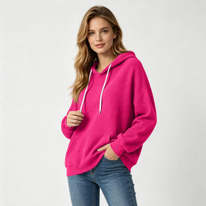 Women Casual Waffle Grid Textured Pullover Hoodie Contrast Drawstring Pocket Loose Long Sleeve Sweatshirts
