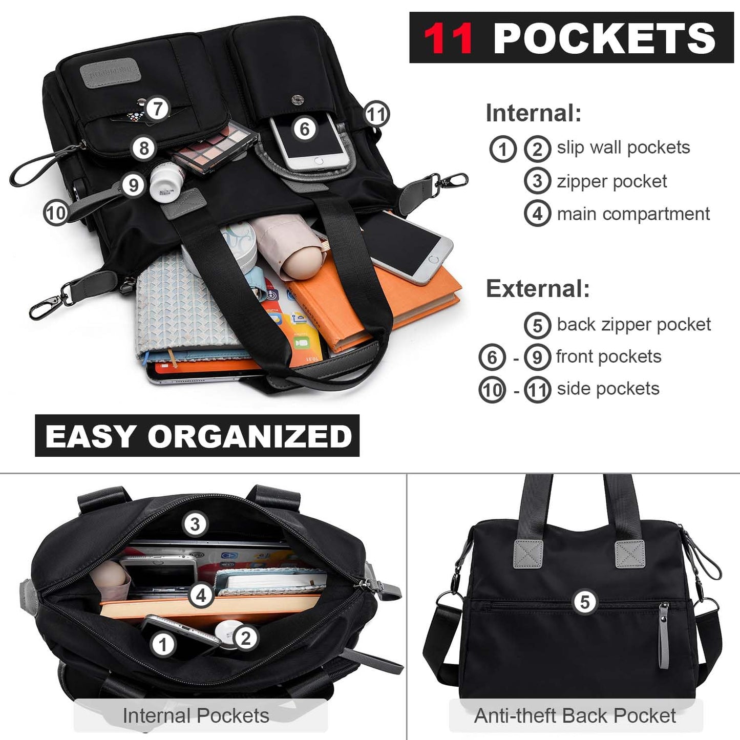 Tote Bag for Women,Multi Pockets Shoulder Handbag,Nurse Bag for Work,Large Cross body Purse,Fashion Nylon Top Handle Satchel