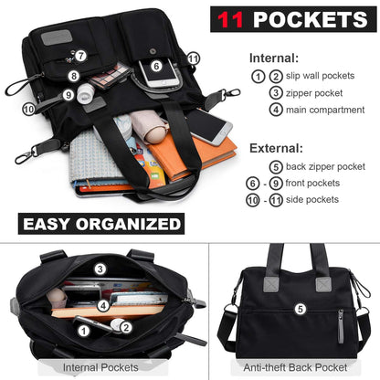 Tote Bag for Women,Multi Pockets Shoulder Handbag,Nurse Bag for Work,Large Cross body Purse,Fashion Nylon Top Handle Satchel