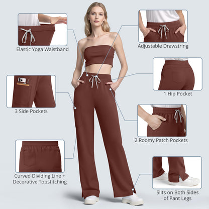 Scrubs for Women Set, Sleeveless 9-Pocket Straight Leg Yoga Waist | Stand-up collar top, straight leg pants side slits. Soft stretch knit. Yoga waist. Wrinkle-free. For nurses/docs/vets.