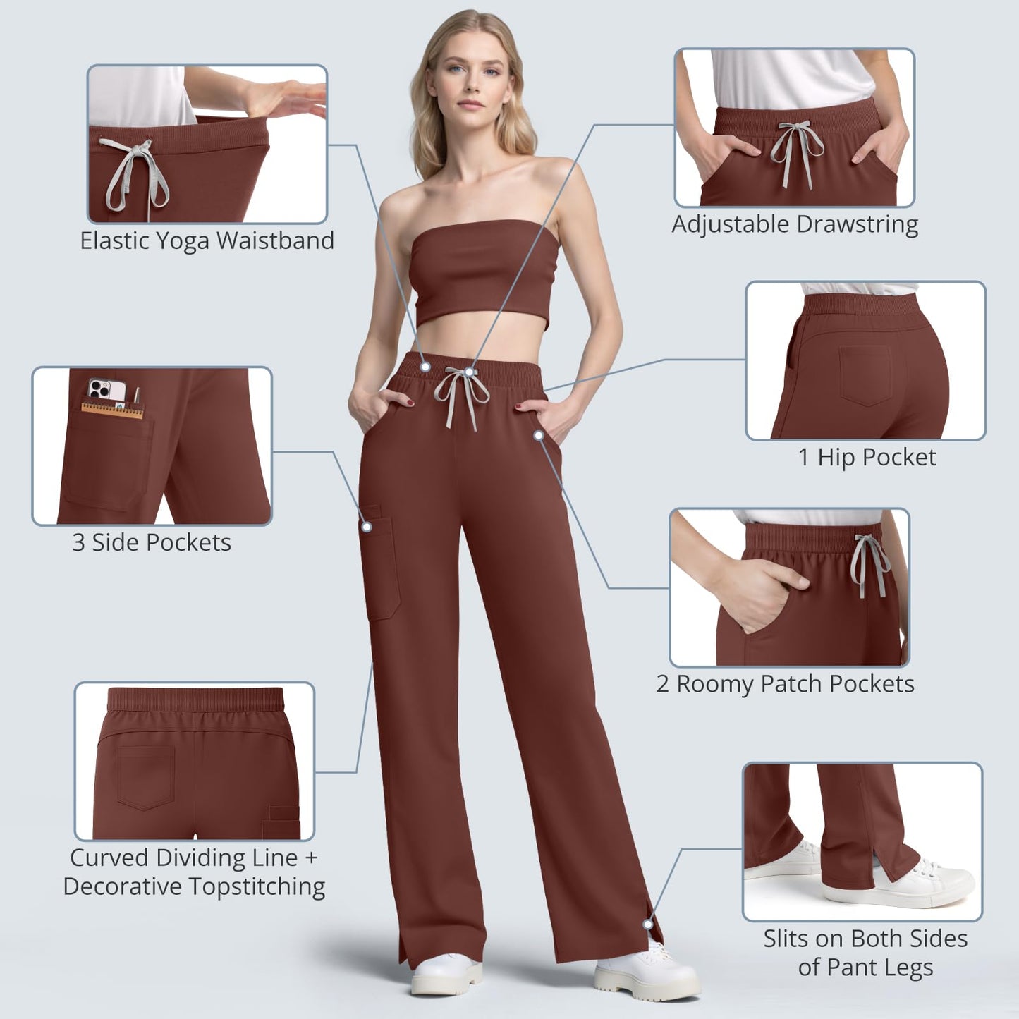 Scrubs for Women Set, Sleeveless 9-Pocket Straight Leg Yoga Waist | Stand-up collar top, straight leg pants side slits. Soft stretch knit. Yoga waist. Wrinkle-free. For nurses/docs/vets.