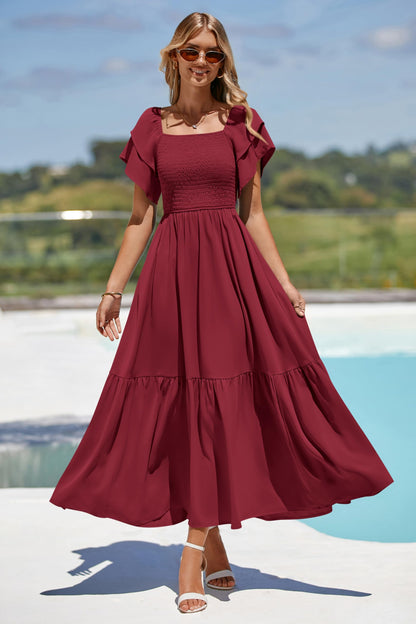 MASCOMODA Womens Summer Casual Midi Dress Square Neck Ruffle Short Sleeve Smocked High Waist A Line Wedding Guest Dresses