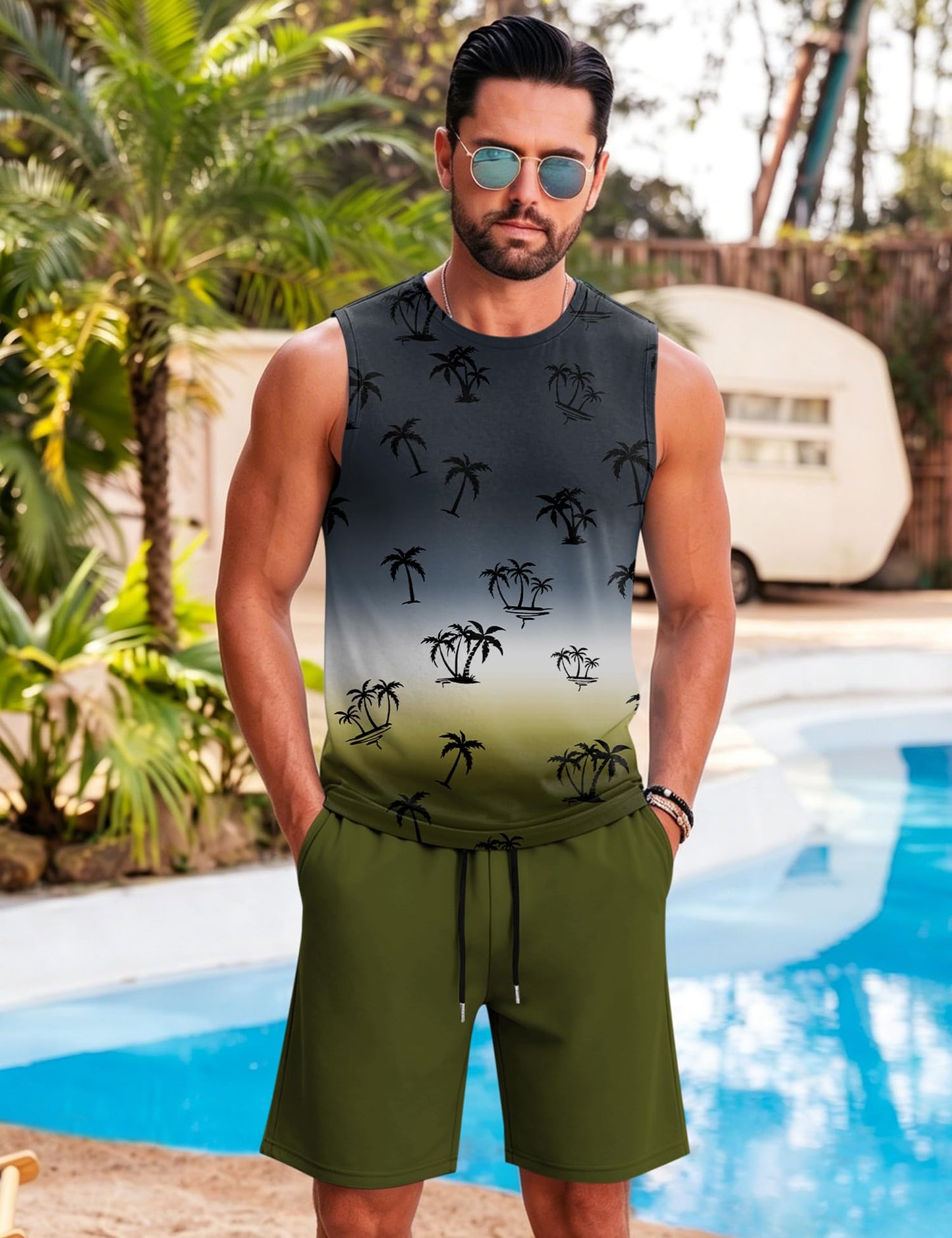 LecGee Men's 2 Piece Hawaiian Tank Tops Tropical Floral Beach Sleeveless Round neck T-shirt Casual Daily Beach Summer