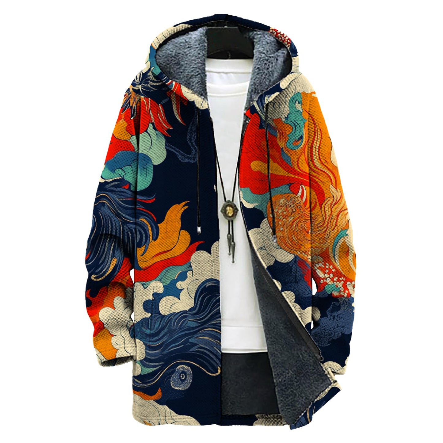 domirica Mens Hooded Cardigan Japanese Art Zip Up Long Sleeve Sweater Hoodie Dragon Print Coat with Pockets