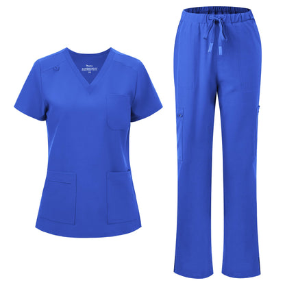 floralhue Scrubs for Women, V-Neck Straight Leg Pants with 12 Pockets | Slit Hem Cargo Pant Storage, Yoga Waistband, Water Resistance, For Nurses, Clinics, Long Shifts, Daily Medical Uniforms