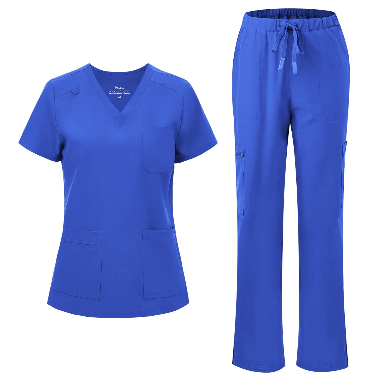 floralhue Scrubs for Women, V-Neck Straight Leg Pants with 12 Pockets | Slit Hem Cargo Pant Storage, Yoga Waistband, Water Resistance, For Nurses, Clinics, Long Shifts, Daily Medical Uniforms