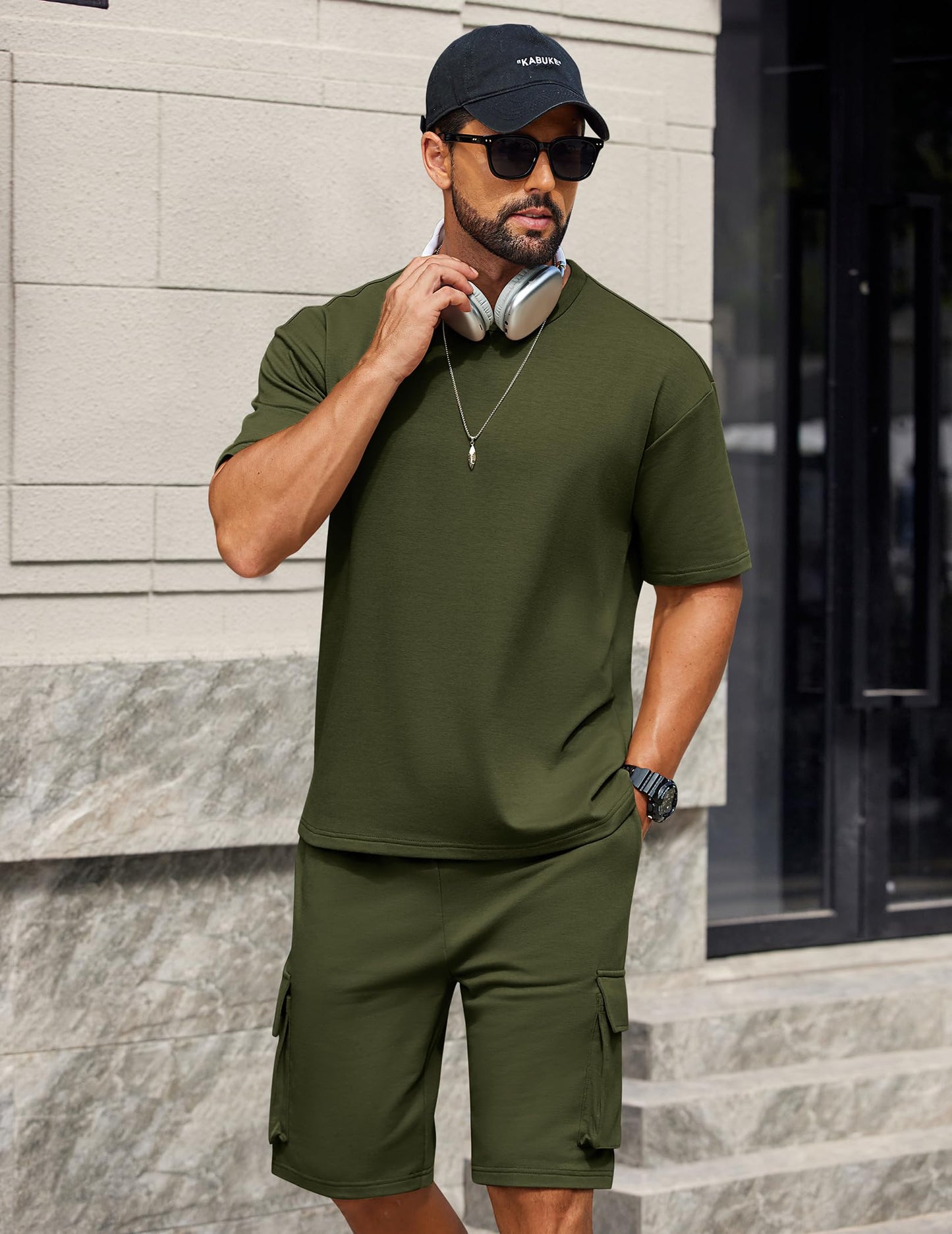 COOFANDY Men's Shirt and Shorts Set 2 Piece Fashion Summer Tracksuits Cotton Oversized T-Shirts Cargo Shorts Outfits