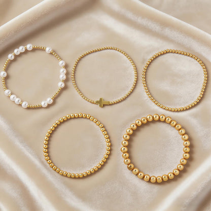 14K Gold Plated Pearl Beaded Cross Bracelets Stack Set for Women,Stretch Boho Colorful Christian Beads Ball Jewelry Friendship Summer Trendy Gift