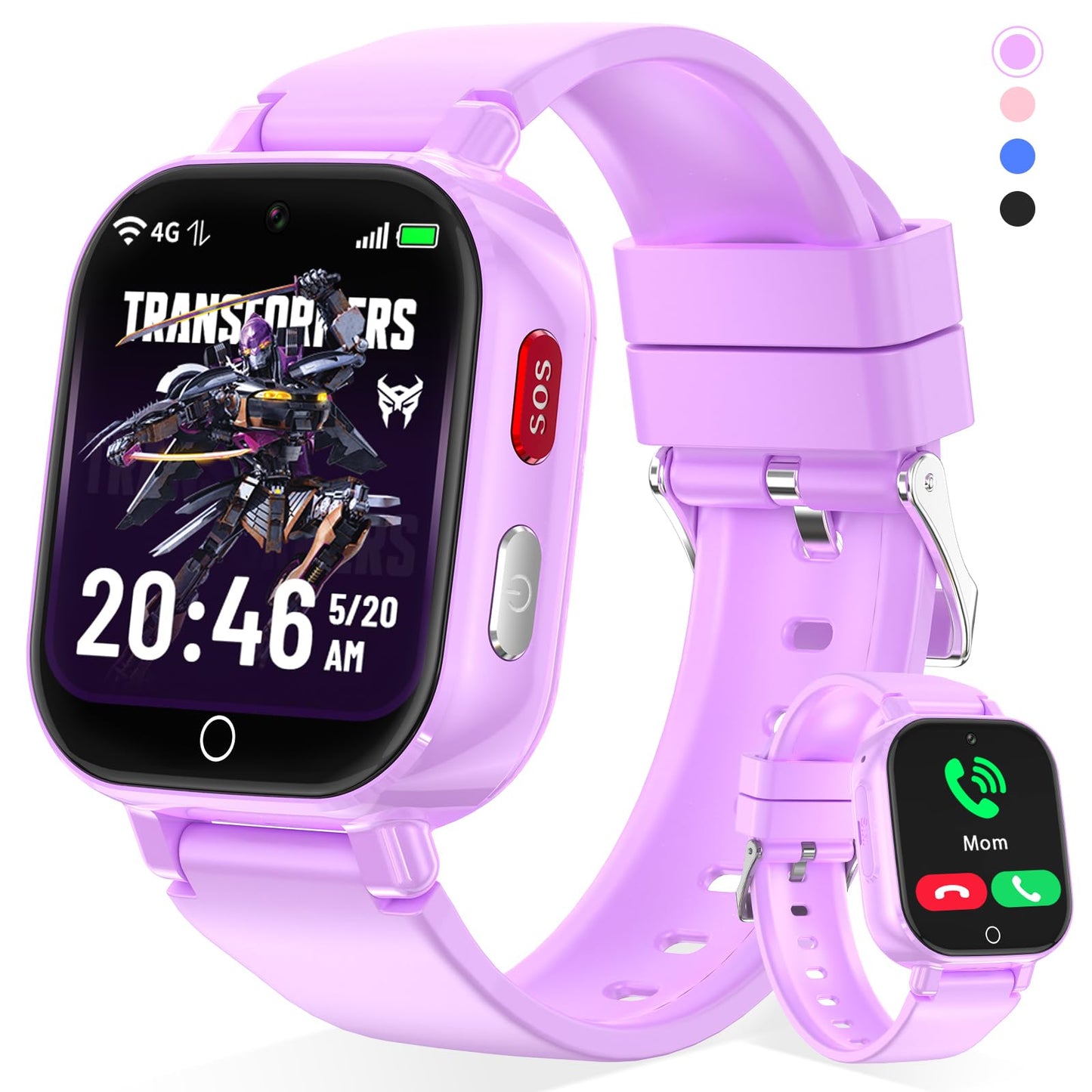 Transformers 4G Kids Smart Watch Phone, GPS, Video Call, Waterproof - Pink | Smartwatch for Boys Girls Ages 4-12, Class Mode, SOS, Camera, Alarm, Touch Screen, Gifts with Bonus Woven Strap & SIM Card