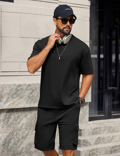 COOFANDY Men's Shirt and Shorts Set 2 Piece Fashion Summer Tracksuits Cotton Oversized T-Shirts Cargo Shorts Outfits