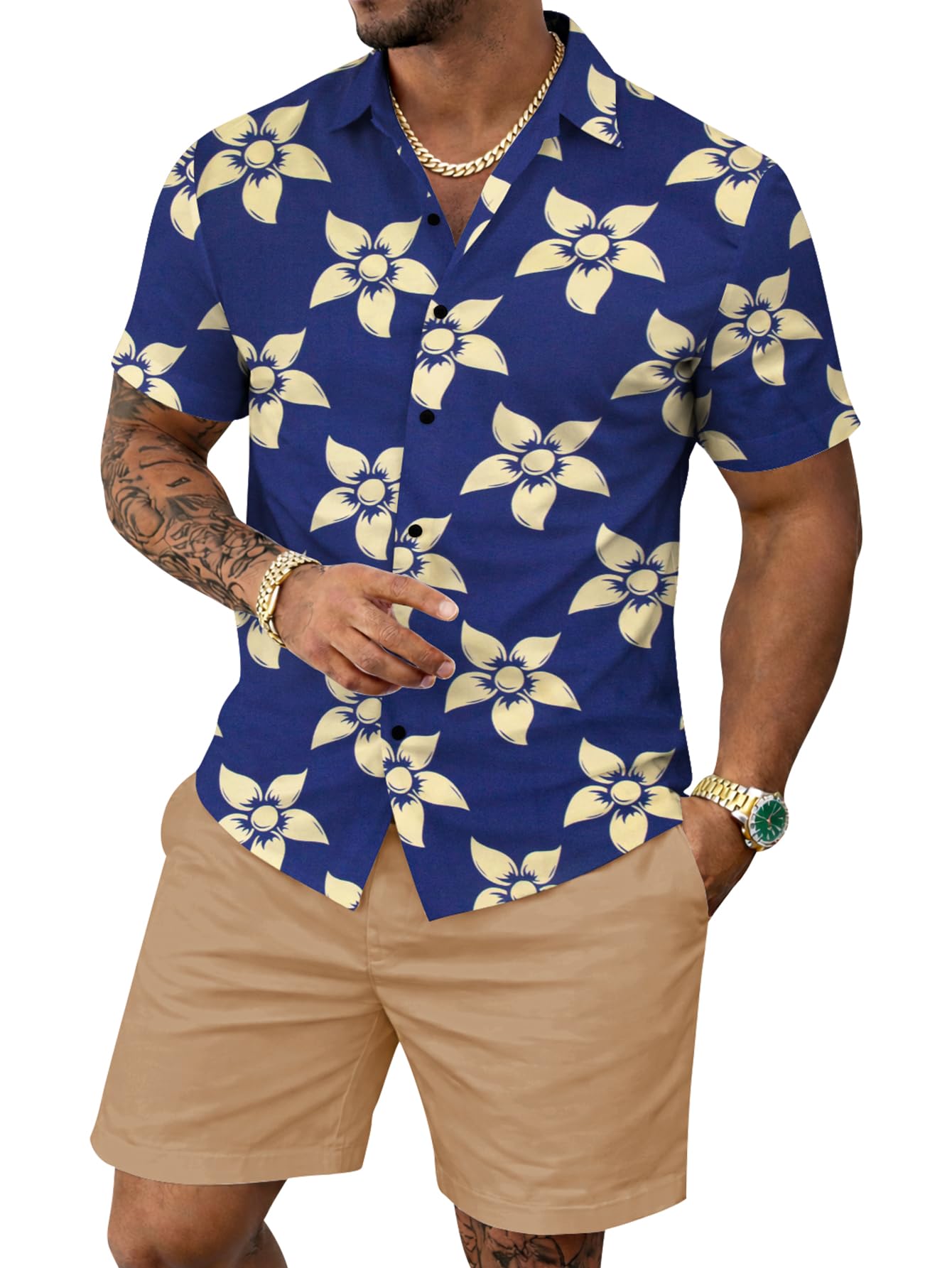 Yoimira Men's Summer Outfits 2 Piece Short Sets Hawaiian Floral Button Down Shirt and Shorts Vacation Beach Cruise Set