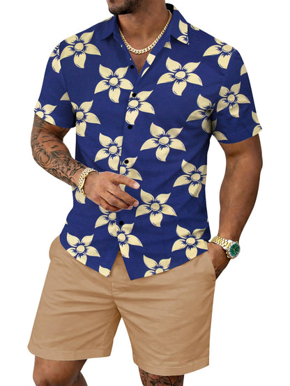 Yoimira Men's Summer Outfits 2 Piece Short Sets Hawaiian Floral Button Down Shirt and Shorts Vacation Beach Cruise Set
