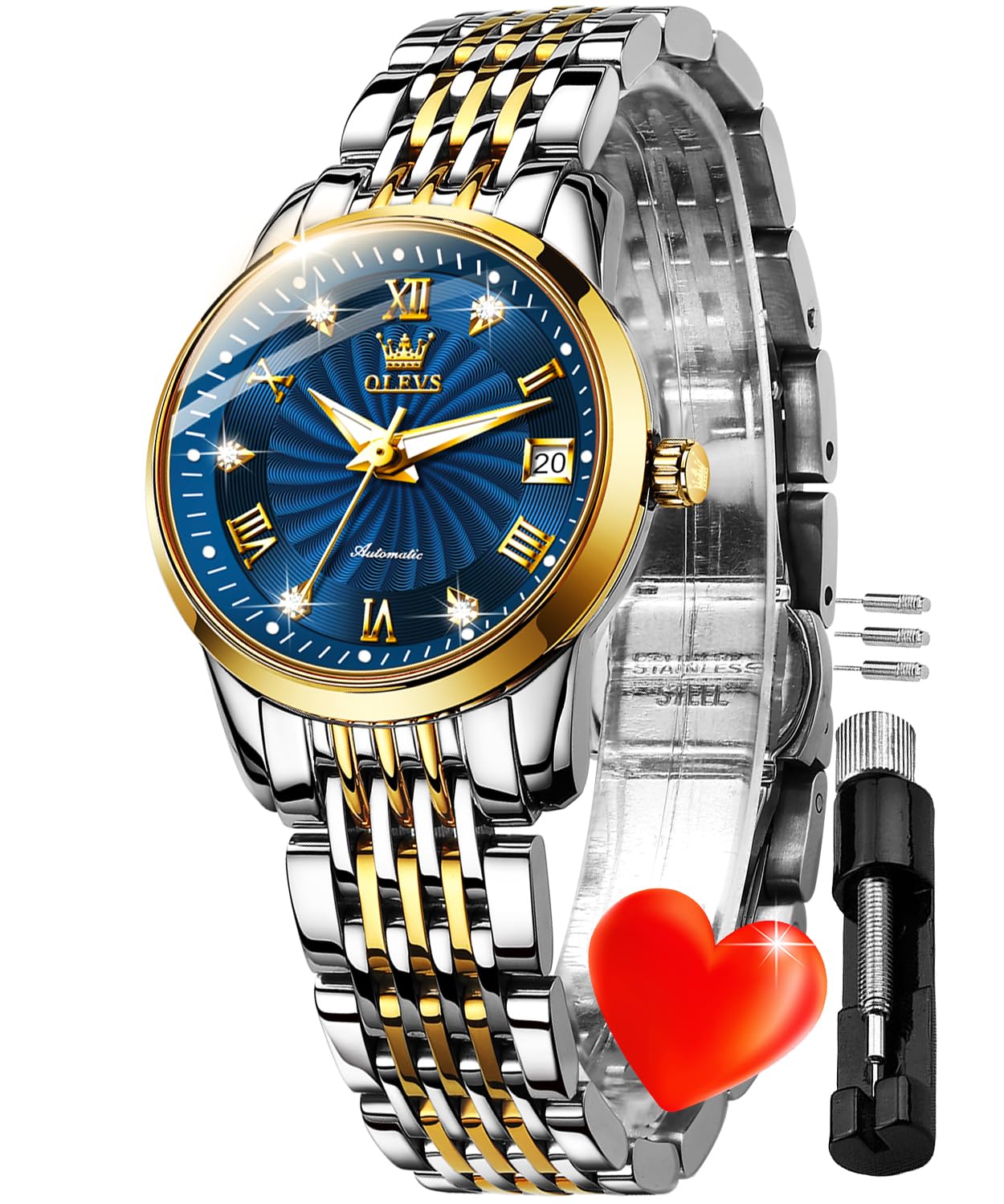 OLEVS Womens Automatic Watches Gold Classic Diamond Ladies Self Winding Mechanical Two Tone Stainless Steel Wrist Watch Date