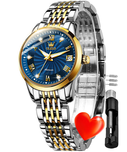 OLEVS Womens Automatic Watches Gold Classic Diamond Ladies Self Winding Mechanical Two Tone Stainless Steel Wrist Watch Date