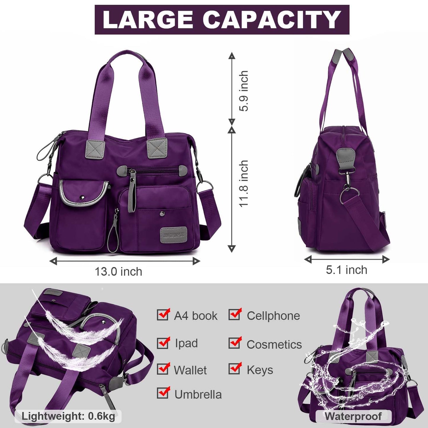 Tote Bag for Women,Multi Pockets Shoulder Handbag,Nurse Bag for Work,Large Cross body Purse,Fashion Nylon Top Handle Satchel