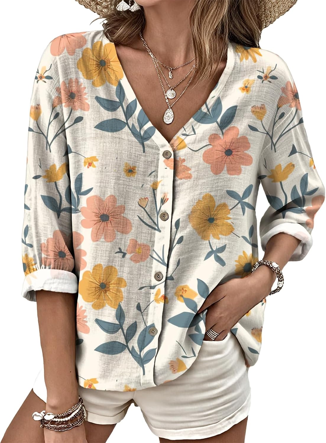 MARSVOVO V Neck Shirts for Women Lightweight Decorative Button 3/4 Sleeve Blouses Comfy Casual Business Flowy Top