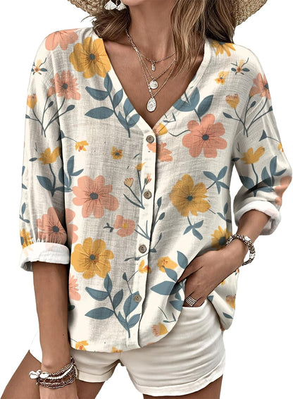MARSVOVO V Neck Shirts for Women Lightweight Decorative Button 3/4 Sleeve Blouses Comfy Casual Business Flowy Top