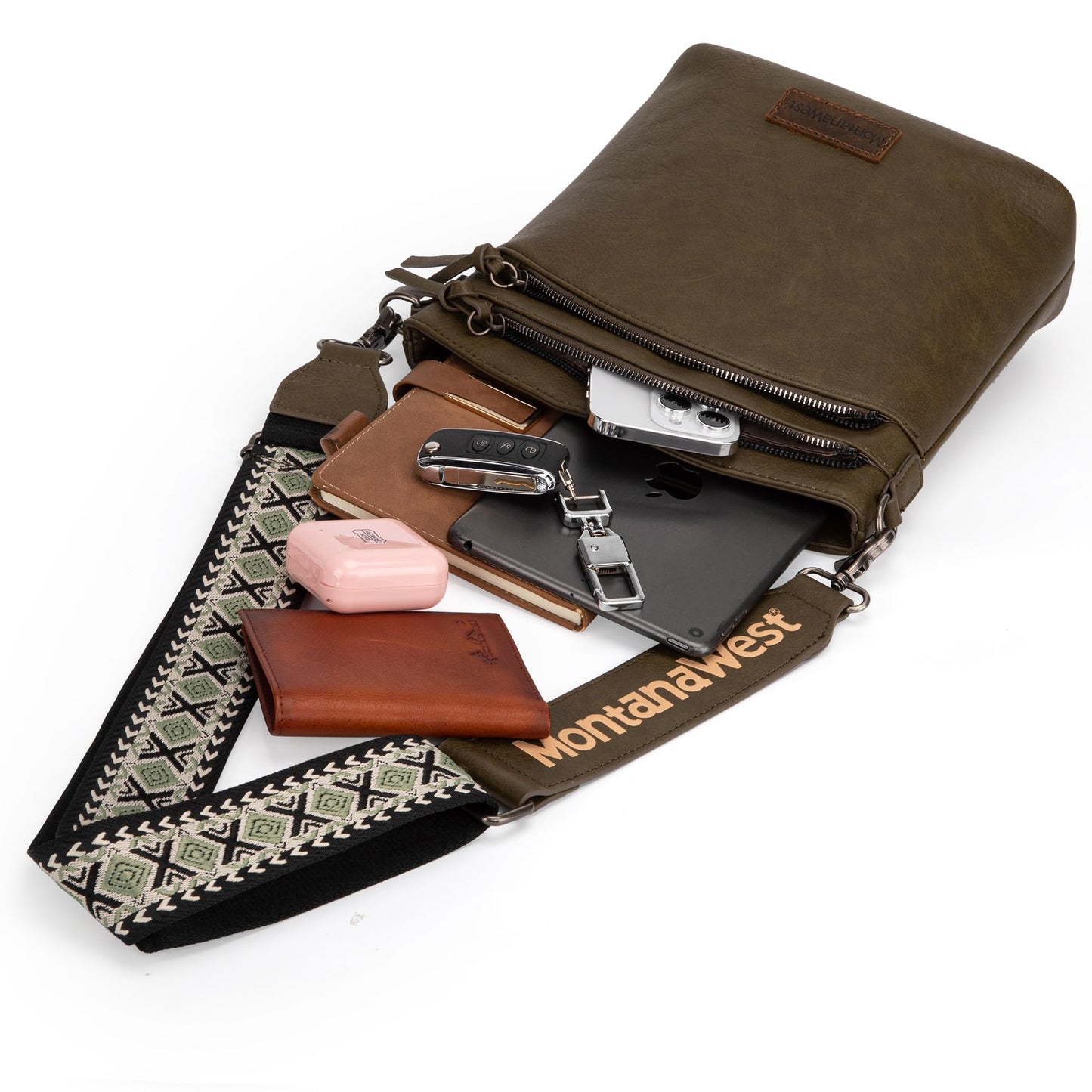 Montana West Multi Zip Pocket Crossbody Bag With Guitar Strap