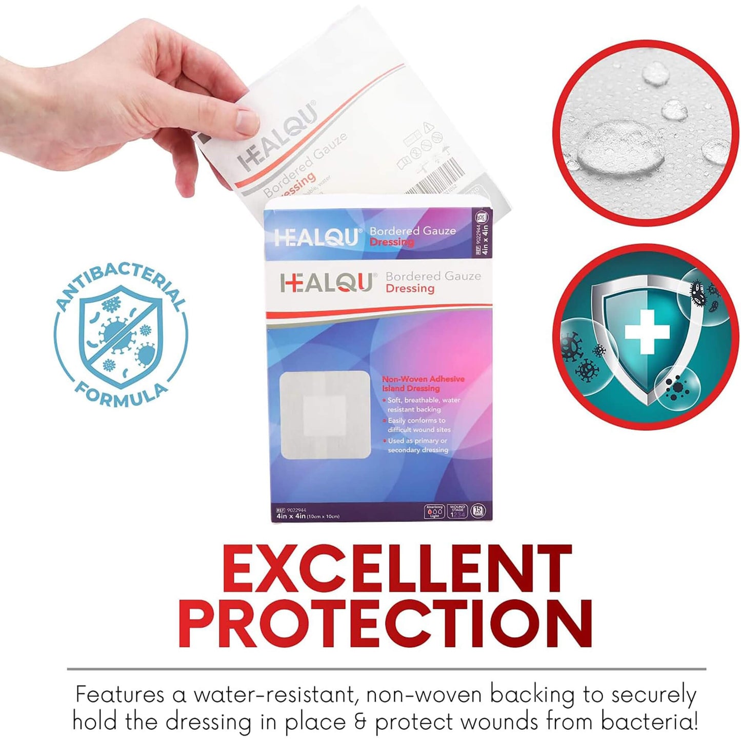 HEALQU Island Dressing - 4"x4", 30 Count - Bordered Gauze Sterile Individually Wrapped Gauze Pads, Water-Resistant, Non-Woven Backing - Soft and Breathable Wound Dressing for First Aid and Medical | Water-Resistant, Latex-Free, High Absorbent, Adhesive Bo