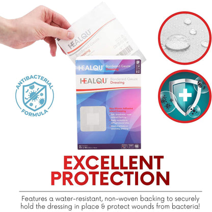 HEALQU Island Dressing - 4"x4", 30 Count - Bordered Gauze Sterile Individually Wrapped Gauze Pads, Water-Resistant, Non-Woven Backing - Soft and Breathable Wound Dressing for First Aid and Medical | Water-Resistant, Latex-Free, High Absorbent, Adhesive Bo