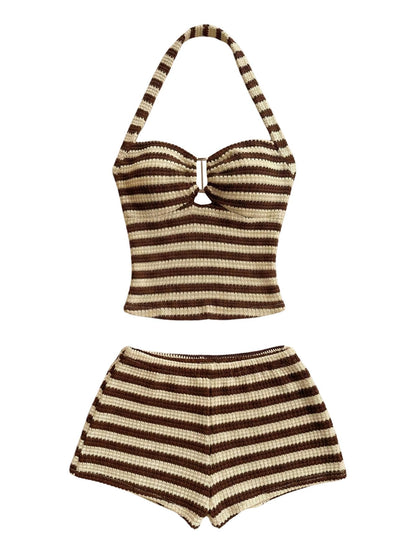 SOLY HUX Women's Summer 2 Piece Outfits Striped Crochet Halter Top Mini Shorts Set Beach Vacation Y2K Sets