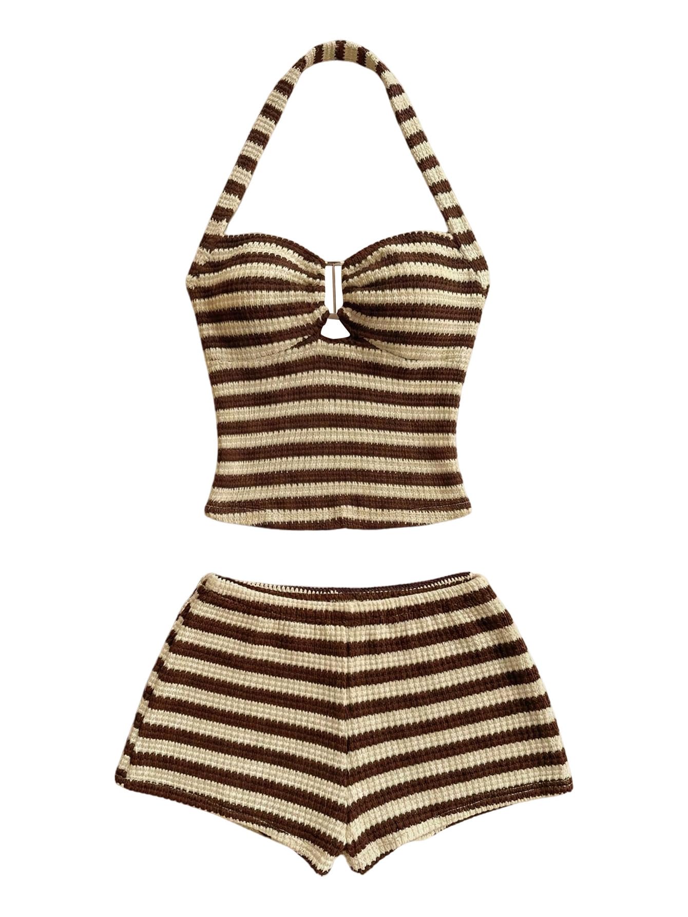 SOLY HUX Women's Summer 2 Piece Outfits Striped Crochet Halter Top Mini Shorts Set Beach Vacation Y2K Sets