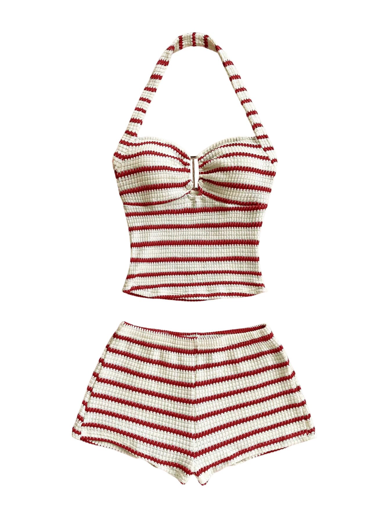 SOLY HUX Women's Summer 2 Piece Outfits Striped Crochet Halter Top Mini Shorts Set Beach Vacation Y2K Sets