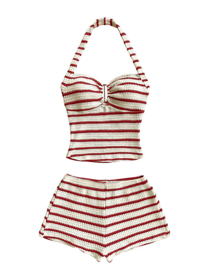 SOLY HUX Women's Summer 2 Piece Outfits Striped Crochet Halter Top Mini Shorts Set Beach Vacation Y2K Sets