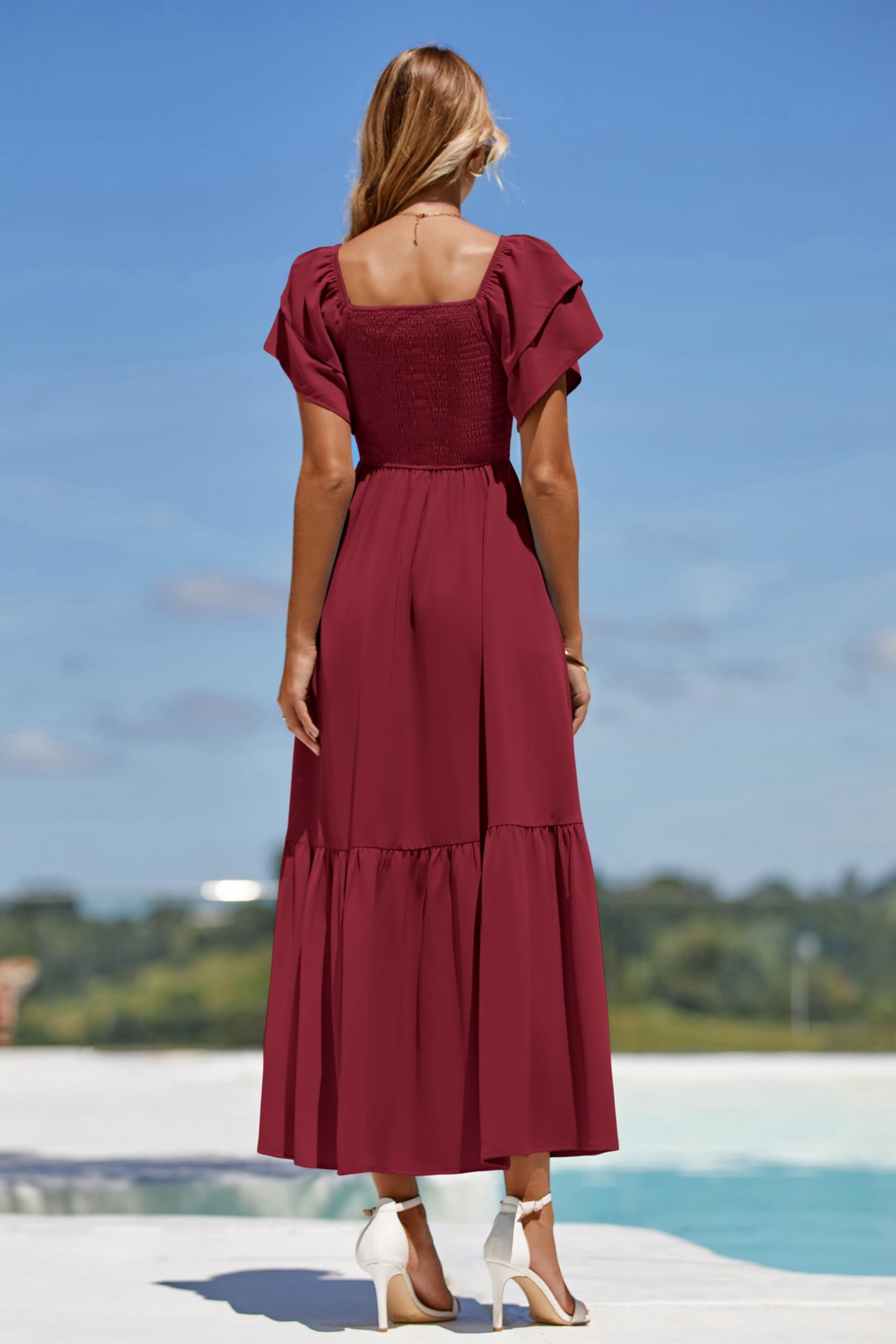 MASCOMODA Womens Summer Casual Midi Dress Square Neck Ruffle Short Sleeve Smocked High Waist A Line Wedding Guest Dresses