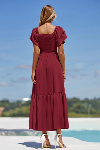 MASCOMODA Womens Summer Casual Midi Dress Square Neck Ruffle Short Sleeve Smocked High Waist A Line Wedding Guest Dresses
