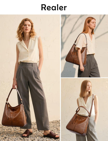 Realer Hobo Crossbody Bags for Women Designer Faux Leather Hobo Handbags Retro Large Size Shoulder Bag Bucket Purse