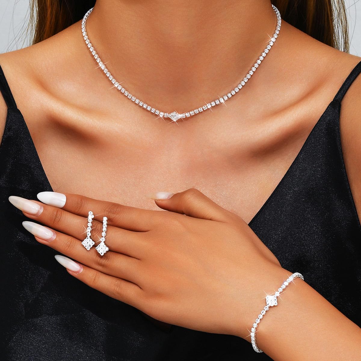 Aukmla Rhinestones Bridal Wedding Jewelry Sets Sparkly Necklace Earrings Bracelet Set Prom Formal Jewelry for Brides and Women