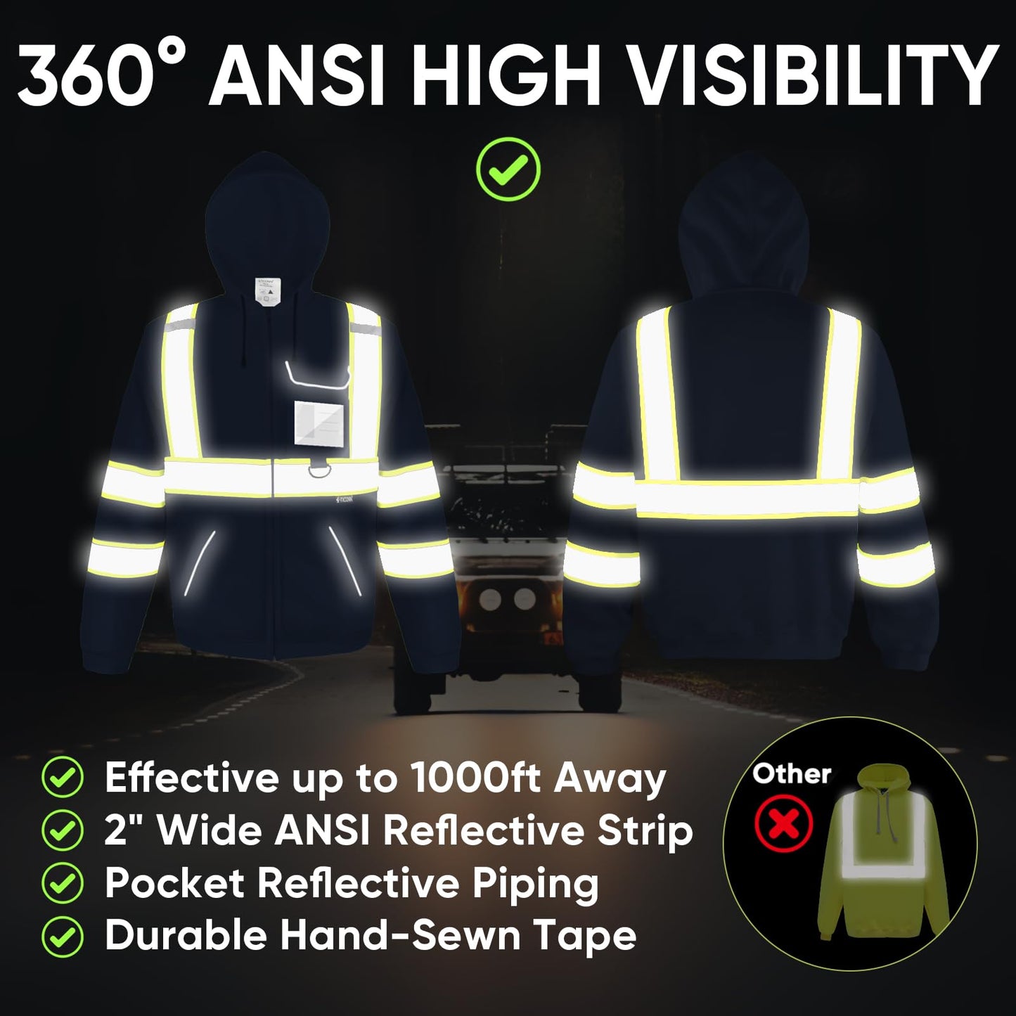 TICONN Safety Hoodie Jacket, High Vis Reflective Safety Fleece Hoodie, PPE Gear for Cold Weather Meet ANSI III