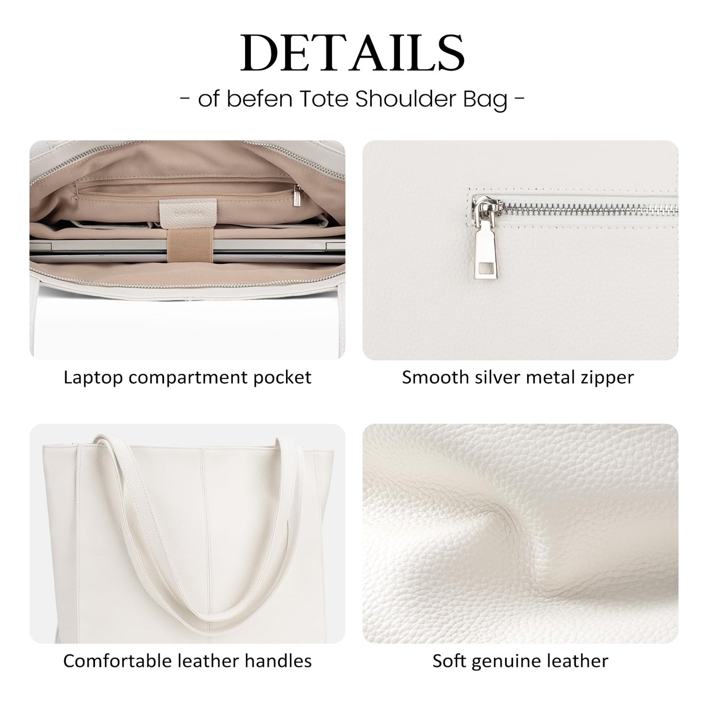 befen Genuine Leather Tote Bag for Women Work, Women's Leather Shoulder Bags Purses Satchel Handbags with Laptop Compartment