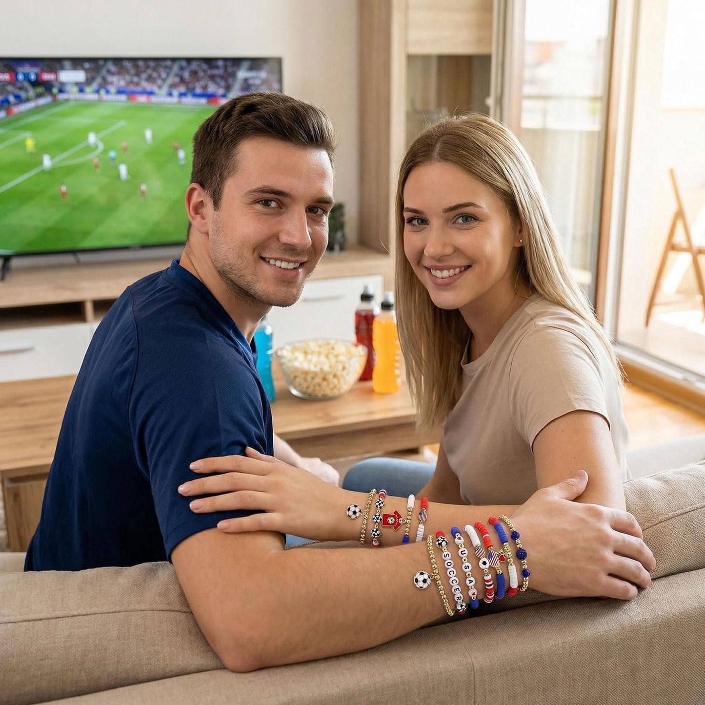Spiritlele 12pcs World Cup Bracelets Set Red White Blue Clay Bead Wristband Stackable USA Soccer Charm Stretch Bracelet For Women Football Sports Fans Jewelry Gift