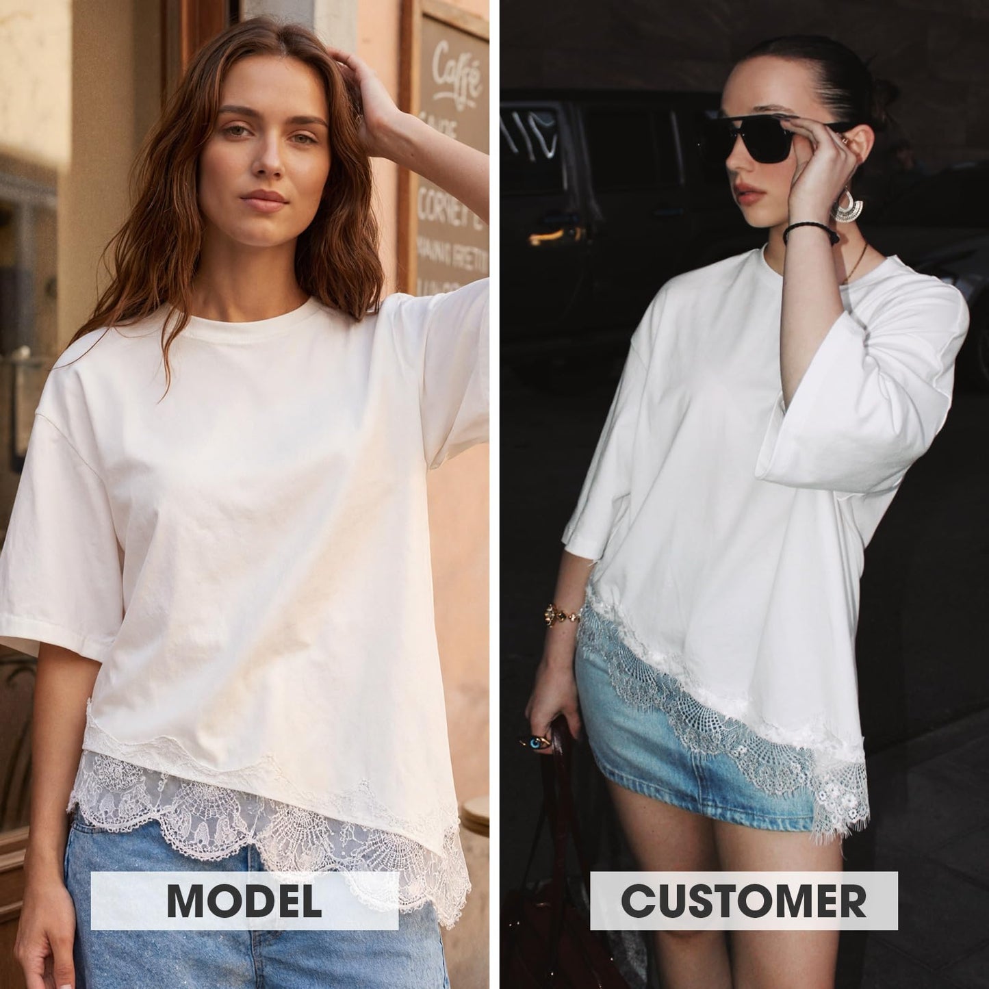 EXLURA Womens Summer Oversized Lace Trim T Shirts 2026 Casual Half Sleeve Asymmetrical Hem Tops Loose Crewneck Tunic Blouse