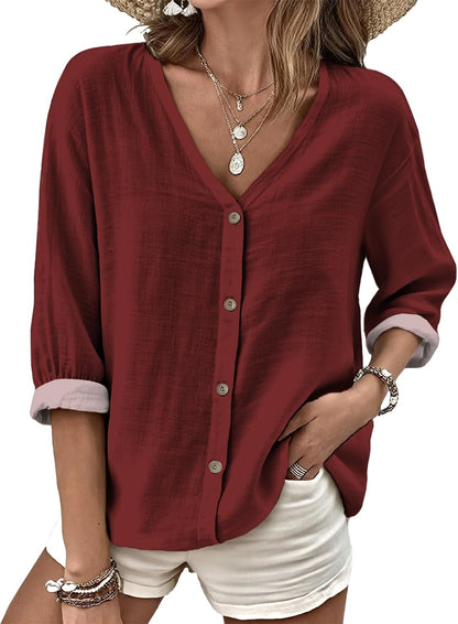 MARSVOVO V Neck Shirts for Women Lightweight Decorative Button 3/4 Sleeve Blouses Comfy Casual Business Flowy Top